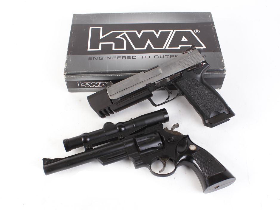 6mm Maruzen 44 Magnum airsoft pistol; 6mm KWA KP45 Match air pistol, boxed with quantity of