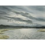 Framed and glazed watercolour 'Geese over Water' signed Jonathan Yule '83,