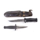 Survival knife, 5½ ins double edged blade, stamped 0007, checkered rubber grips, in leather