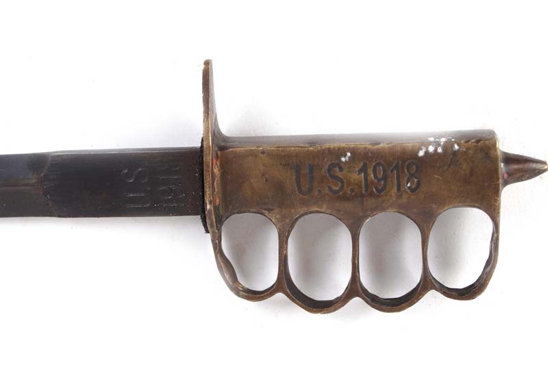 US 1918 reproduction fighting knife, 12 ins double edged blade, brass 'knuckle duster' grips, - Image 2 of 2