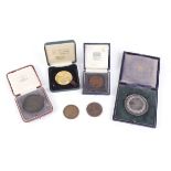 A collection of six shooting medals, mostly cased, including Shemmans Cup 1949 (bronze), The Bell