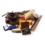 Canvas and leather game bag, leather cartridge belt, three hand warmers with hot sticks, quantity of