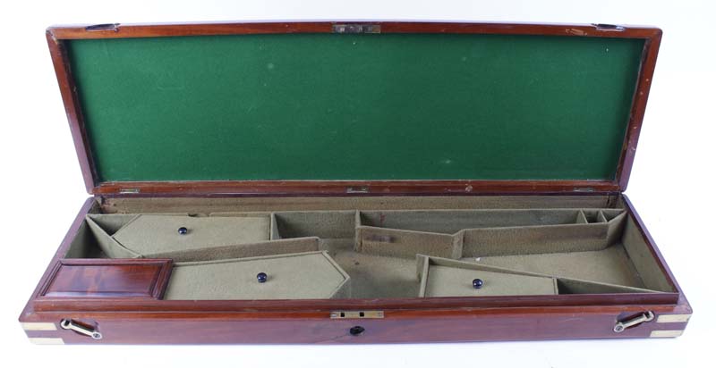 Mahogany gun case with brass name plate and corners, green baize lined fitted interior for - Image 2 of 2