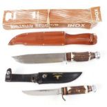 Inox Bowie knife, 8¼ ins polished single edged blade stamped ORIGINAL BOWIE, bone grips with sheath,