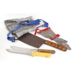 Butcher's Equipment: Large cleaver, Victorinox and Swibo knives,