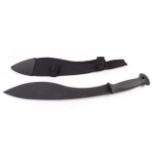 Kukri machete, 13¼ ins single edged black blade, checkered rubber grips, in black canvas sheath