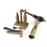 12 bore brass capper/decapper, 12 bore brass pin-fire wad loading tool by J. Dixon, 12 bore pin-fire