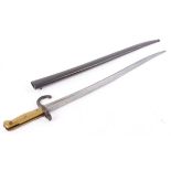 Chassepot bayonet dated 1872, typical 22½ ins single edged fullered blade, drop quillon, brass grip,