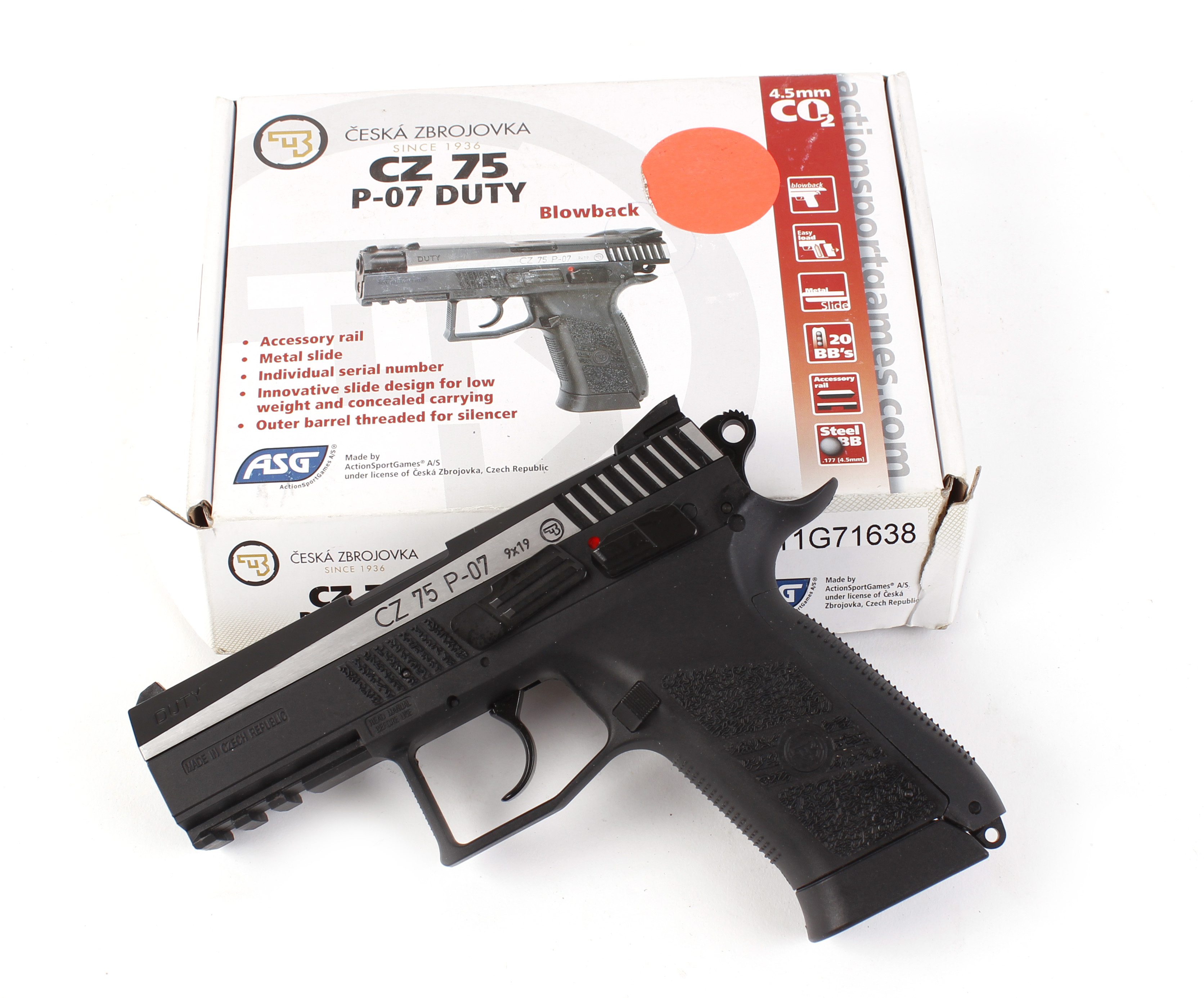 .177 ASG CZ 75 P-07 DUTY Co2 semi automatic air pistol, no.11G71638 Purchasers Note: This Lot cannot