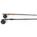 Powerstick 9½ ft carbon two piece fly rod with Fladen reel; one other 9½ ft carbon two piece fly rod