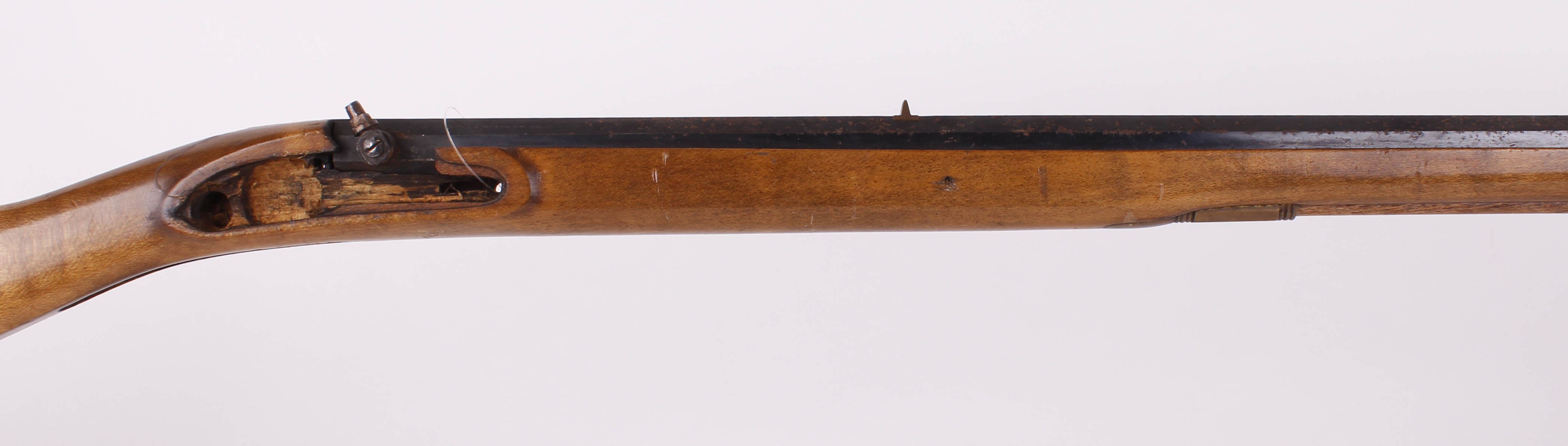 (S2) The barrel and stock of a .45 (smooth) Italian percussion gun, 35 ins sighted octagonal barrel,