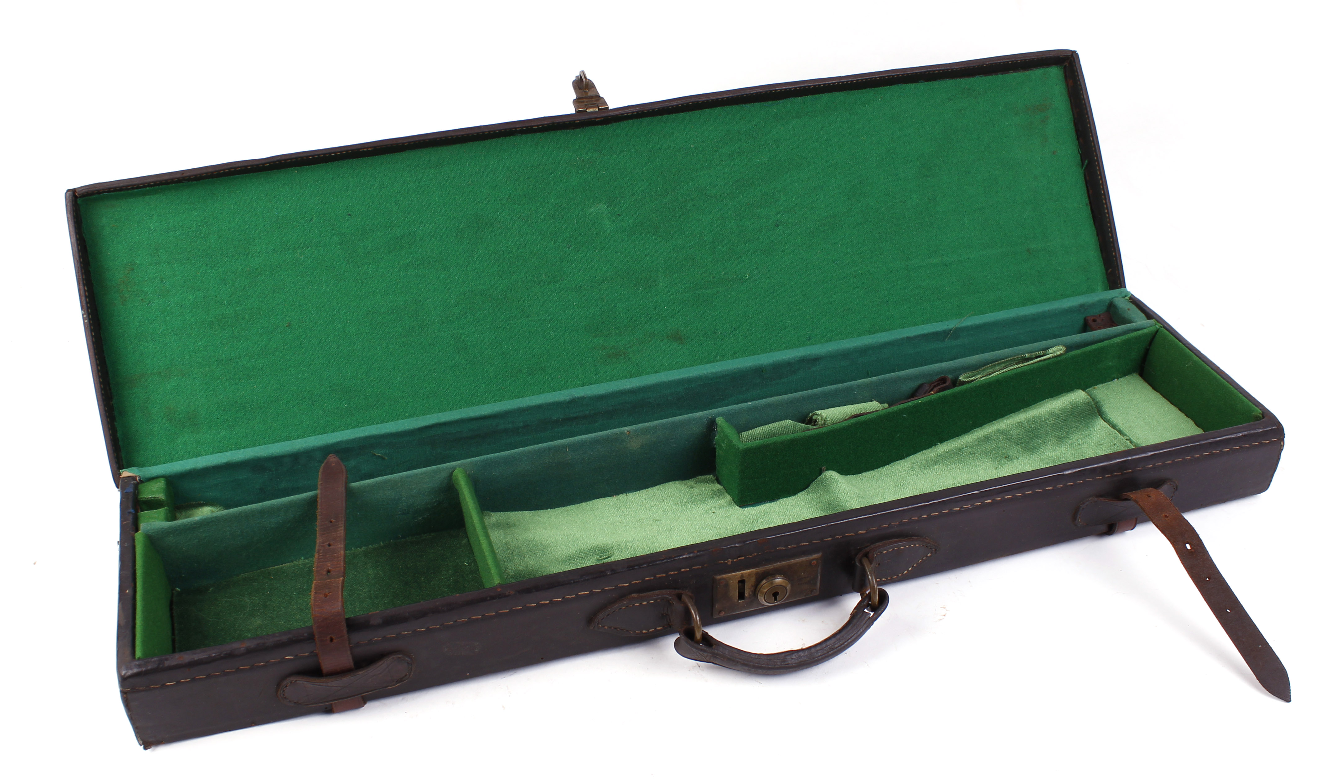 Black leather gun case, brown straps not original, green baize lined interior fitted for up to 30
