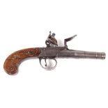 (S58) 54 bore flintlock pistol, 2 ½ ins turn off cannon barrel, border and banner engraved boxlock