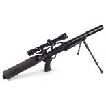 .22 Gunpower Stealth PCP air rifle, fitted moderator, mounted Optik 3-9x40 scope, fitted bipod,