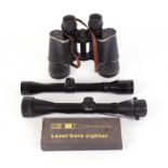 4 x 40 Hawke scope; 4 x 32 scope; 7x 50 Cosmica binoculars; boxed Laser Bore Sighter