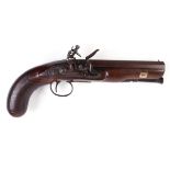 (S58) 16 bore Flintlock overcoat pistol, 6 ins brown damascus full stocked sighted barrel with