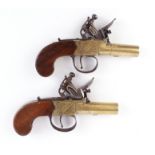 (S58) Pair 40 bore Flintlock pocket pistols by W. Jones, each with a 1½ ins brass turn off barrel,