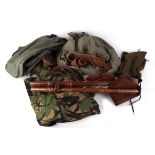 Green canvas rucksack, two boot bags, camouflage shooting jacket, pair green gaiters, pair canvas