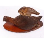 Full mount of Red Grouse in flight on sawn wood wall plaque