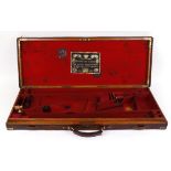 Oak and leather double gun case for restoration, brass corners, part fitted red baize lined interior