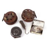 Vintage fishing equipment to include: Hardy reel 'The Perfect', 2 x wooden reels, tin box of