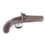 (S58) 32 bore English double percussion pistol, 4 ins fullstocked steel barrels, brass mounted