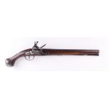 (S58) 14 bore English flintlock saddle pistol, 13½ ins fullstocked barrel, horn tipped wood