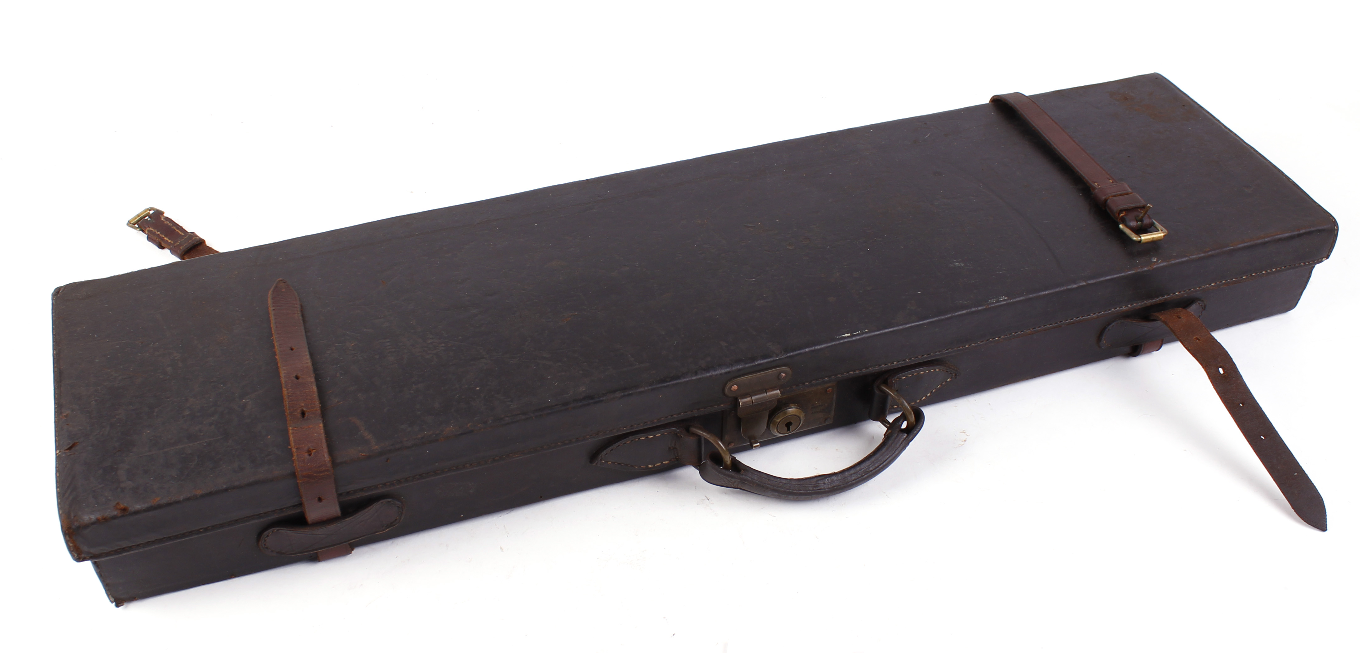 Black leather gun case, brown straps not original, green baize lined interior fitted for up to 30 - Image 2 of 2