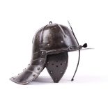 Dutch 17th century or later lobster tail pot helmet, with plate articulated neck guard, fixed peak