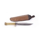 Modern survival knife with 8½ ins saw backed bowie blade, ringed brass grips, in scratch built