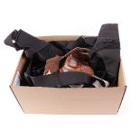 Box containing Gunslinger canvas belts, shoulder holster, Bianchi sheath etc.