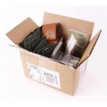 Box various rifle cleaning brushes, shotgun bore snakes, leather ammo holders, etc