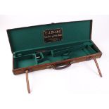 Tan canvas gun case, green baize lined interior fitted for 30 ins barrels, E.J. Bland trade label