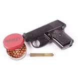 6mm Perfecta D.B.P blank firing starting pistol (no mag), no. 165, with tin of Webley blanks [