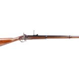 (S1) .577 Parker Hale percussion rifle, 38½ ins fullstocked three steel banded barrel, blade