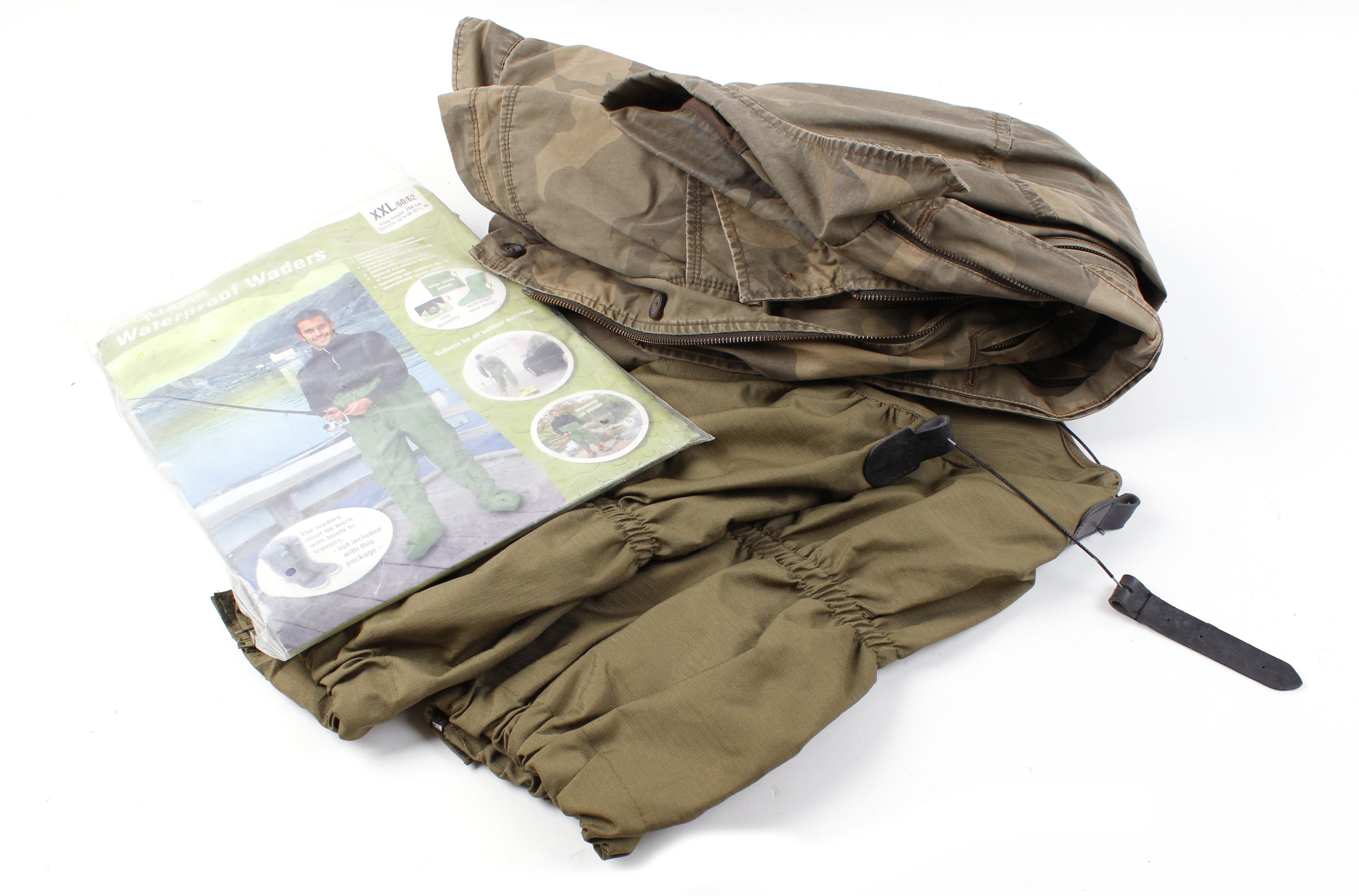 Camo jacket (size M approx.); Pair rip-stop nylon gaiters; Pair waterproof waders, size XXL