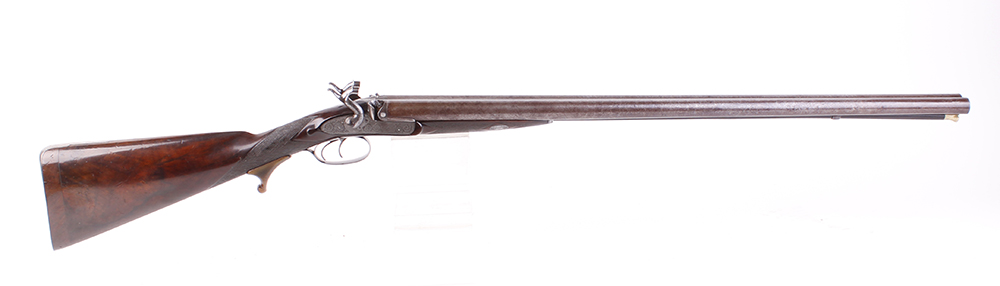 (S58) 8 bore Percussion double sporting gun by Chas Lancaster, 30 ins damascus barrels, the rib - Image 7 of 17