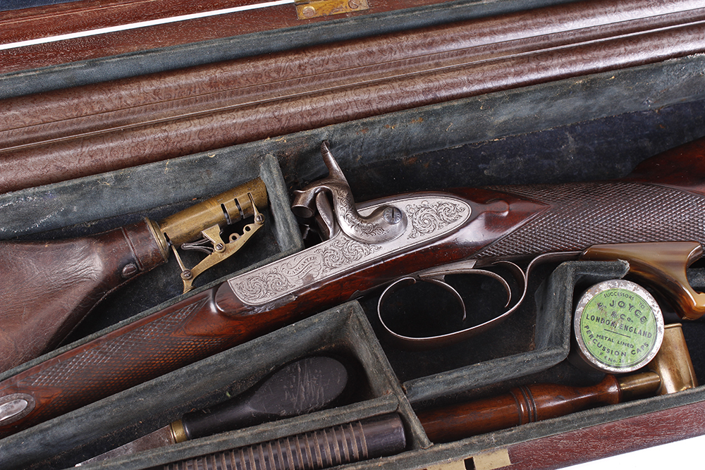 (S58) 8 bore Percussion double sporting gun by Chas Lancaster, 30 ins damascus barrels, the rib - Image 2 of 17