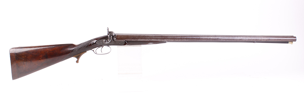 (S58) 8 bore Percussion double sporting gun by Chas Lancaster, 30 ins damascus barrels, the rib - Image 8 of 17