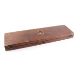 Oak percussion gun case with partly fitted claret baize lined interior, brass corners, inset brass