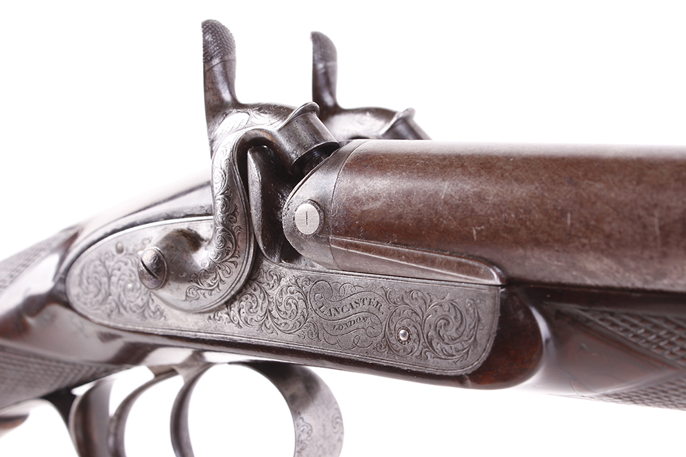 (S58) 8 bore Percussion double sporting gun by Chas Lancaster, 30 ins damascus barrels, the rib - Image 10 of 17