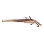 (S58) 18 bore Italian flintlock holster pistol, 14 ins barrel decorated with embossed swags, stand