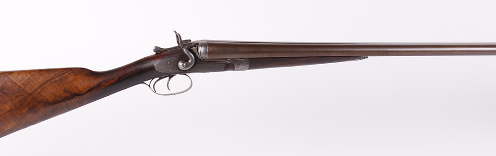 (S2) 12 bore double hammer gun by Thos Johnson c.1875-87, 30 ins brown damascus barrels, recent