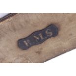 Canvas gun case, brass corners, leather mount stamped R.M.S., green baize lined fitted interior, for