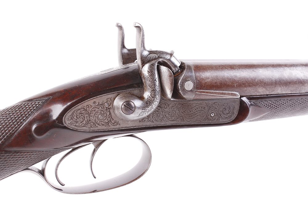 (S58) 8 bore Percussion double sporting gun by Chas Lancaster, 30 ins damascus barrels, the rib - Image 9 of 17