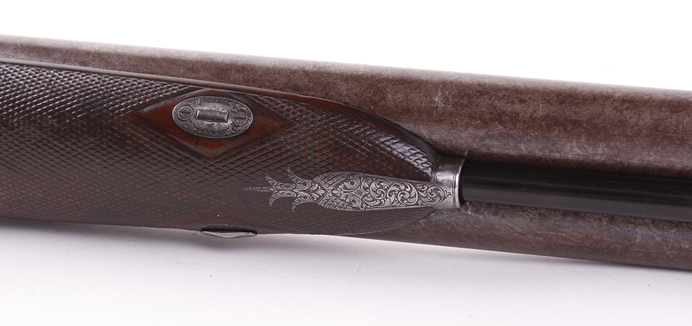 (S58) 8 bore Percussion double sporting gun by Chas Lancaster, 30 ins damascus barrels, the rib - Image 14 of 17