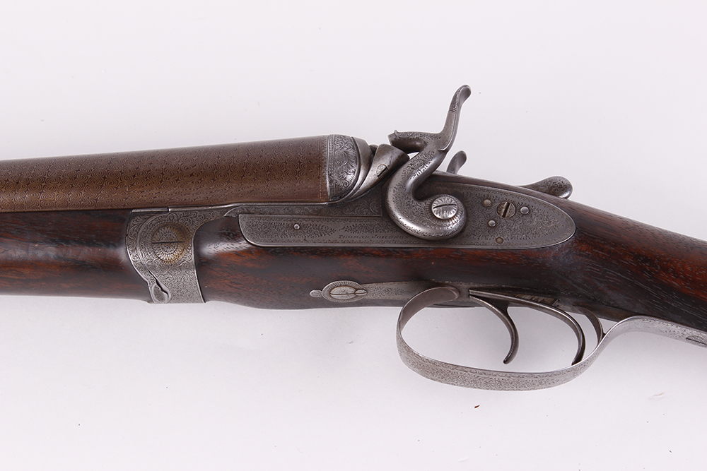 (S2) 12 bore double hammer gun by Thos Johnson c.1875-87, 30 ins brown damascus barrels, recent - Image 6 of 8