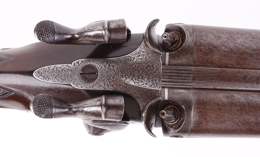 (S58) 8 bore Percussion double sporting gun by Chas Lancaster, 30 ins damascus barrels, the rib - Image 12 of 17