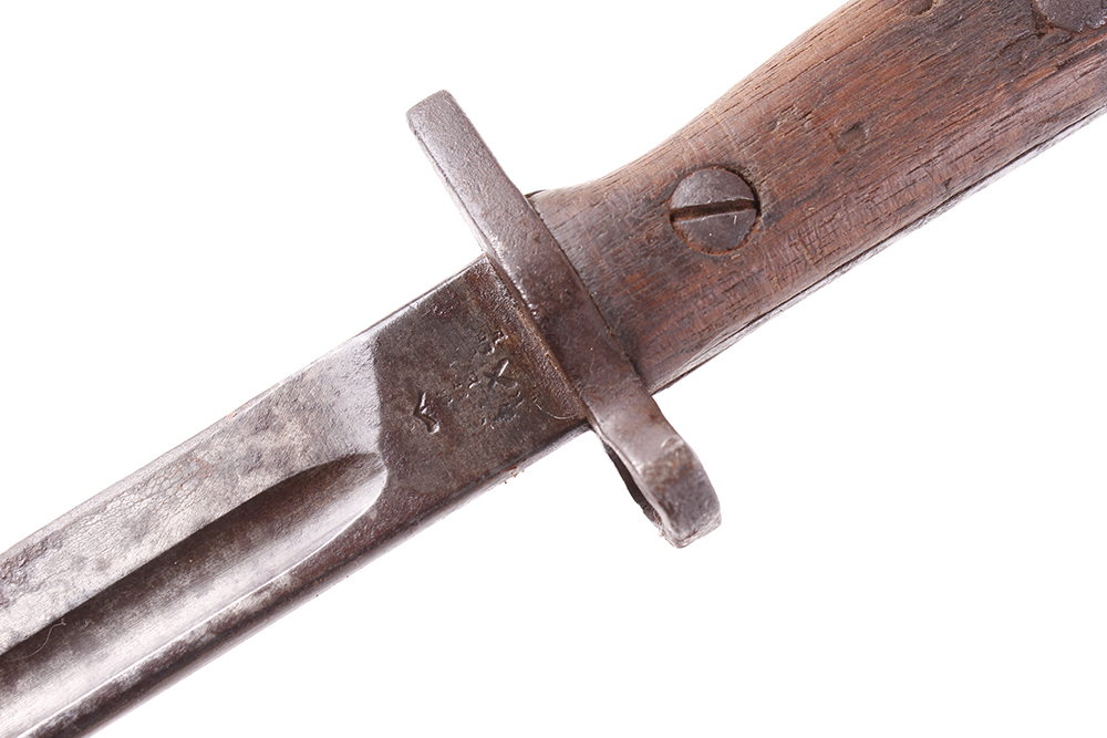 Enfield P1907 bayonet, 16 ins blade with broad arrow and other stamps, metal studded wood grips - Image 3 of 3