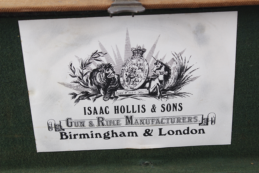 Canvas and leather gun case, Isaac Hollis & Sons trade label, green baize lined fitted interior, for - Image 2 of 3